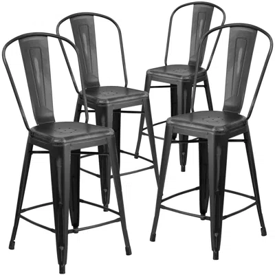 Flash Furniture 4 Pk. 24'' High Distressed Black Metal Indoor Counter Height Stool With Back