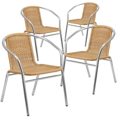 Flash Furniture 4 Pk. Aluminum And Beige Rattan Indoor-outdoor Restaurant Chair In Neutral