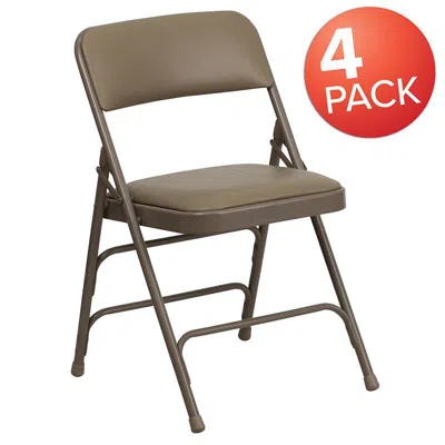 Flash Furniture 4 Pk. Curved Triple Braced & Double Hinged Beige Vinyl Metal Folding Chair In Brown