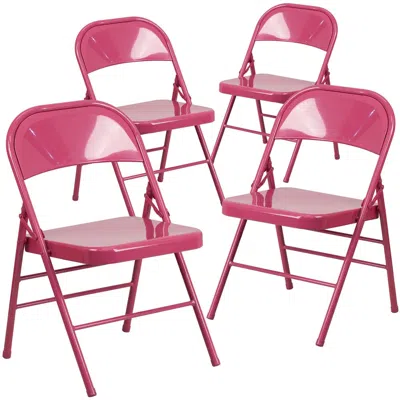 Flash Furniture 4 Pk. Shockingly Fuchsia Triple Braced & Double Hinged Metal Folding Chair In Pink