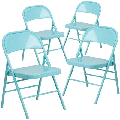 Flash Furniture 4 Pk. Tantalizing Teal Triple Braced & Double Hinged Metal Folding Chair In Blue