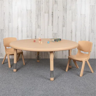 Flash Furniture 45 In. Round Plastic Height Adjustable Activity Table Set With 2 Chairs, Natural Color In Brown