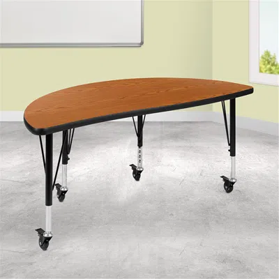 Flash Furniture 47.5 In. Mobile Half Circle Wave Flexible Collaborative Thermal Laminate Activity Table With Height  In Brown