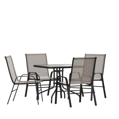 Flash Furniture 5 Piece Set - 31.5" Tempered Glass Patio Table, 4 Brown Stack Chairs In Gray