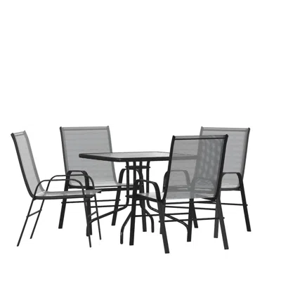 Flash Furniture 5 Piece Set - 31.5" Tempered Glass Patio Table, 4 Gray Stack Chairs