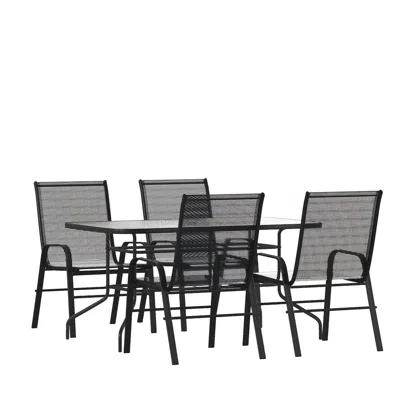 Flash Furniture 5 Piece Set - 55" Tempered Glass Patio Table, 4 Black Stack Chairs