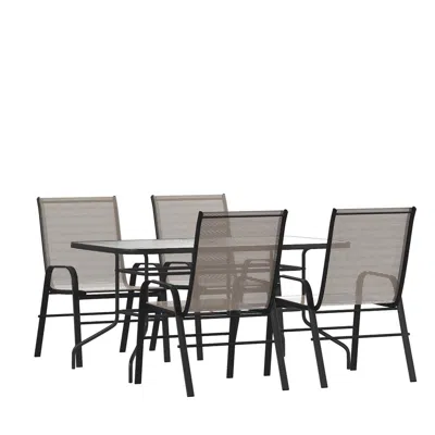 Flash Furniture 5 Piece Set - 55" Tempered Glass Patio Table, 4 Brown Stack Chairs In Gray