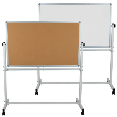 Flash Furniture 53"w X 59"h Reversible Mobile Cork Bulletin Board And White Board With Pen Tray In Brown