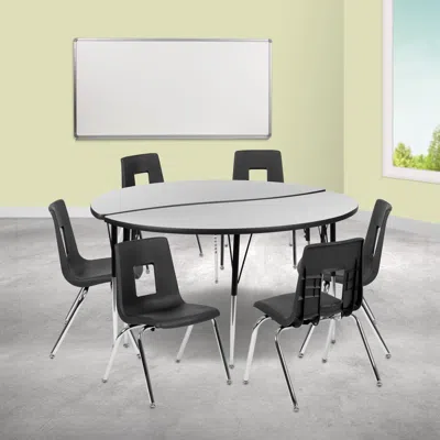 Flash Furniture 60 In. Circle Wave Flexible Laminate Activity Table Set With 18 In. Student Stack Chairs Grey & Blac