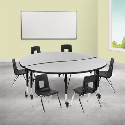 Flash Furniture 60 In. Mobile Circle Wave Flexible Laminate Activity Table Set With 12 In. Student Stack Chairs Grey