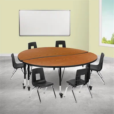 FLASH FURNITURE 60 IN. MOBILE CIRCLE WAVE FLEXIBLE LAMINATE ACTIVITY TABLE SET WITH 12 IN. STUDENT STACK CHAIRS OAK 