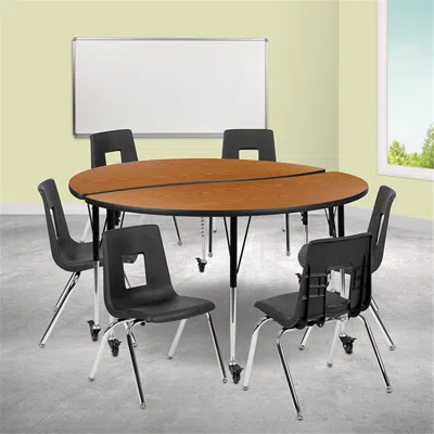 FLASH FURNITURE 60 IN. MOBILE CIRCLE WAVE FLEXIBLE LAMINATE ACTIVITY TABLE SET WITH 18 IN. STUDENT STACK CHAIRS OAK 
