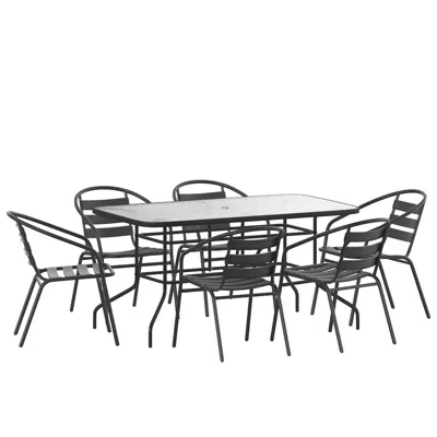 Flash Furniture 7 Piece Set - 55" Tempered Glass Patio Table, 6 Black Metal Chairs In Gray