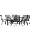 Flash Furniture 7 Piece Set - 55" Tempered Glass Patio Table, 6 Black Stack Chairs In Gray