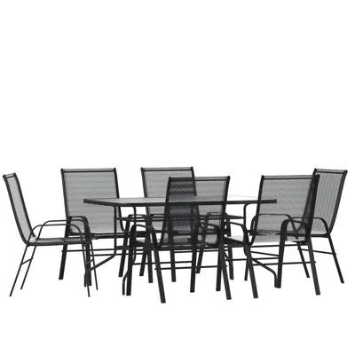 Flash Furniture 7 Piece Set - 55" Tempered Glass Patio Table, 6 Black Stack Chairs In Gray