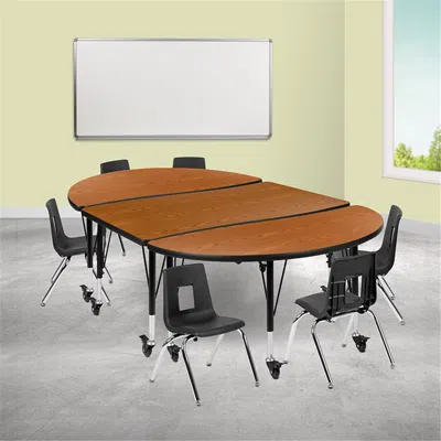 Flash Furniture 76 In. Mobile Oval Wave Flexible Laminate Activity Table Set With 12 In. Student Stack Chairs Oak & In Black