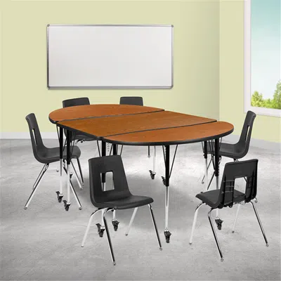 Flash Furniture 76 In. Mobile Oval Wave Flexible Laminate Activity Table Set With 18 In. Student Stack Chairs Oak &