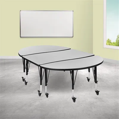 Flash Furniture 76 In. Mobile Oval Wave Flexible Thermal Laminate Activity Table Set With Height Adjustable Short Le In Gray