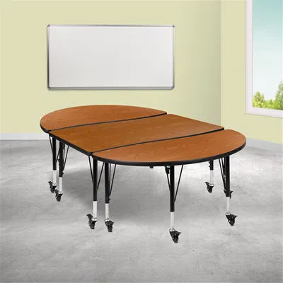 Flash Furniture 76 In. Mobile Oval Wave Flexible Thermal Laminate Activity Table Set With Height Adjustable Short Le In Brown