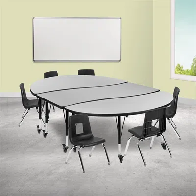 Flash Furniture 86 In. Mobile Oval Wave Flexible Laminate Activity Table Set With 12 In. Student Stack Chairs Grey &