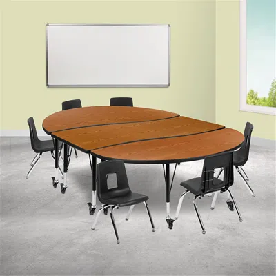 Flash Furniture 86 In. Mobile Oval Wave Flexible Laminate Activity Table Set With 12 In. Student Stack Chairs Oak & In Brown