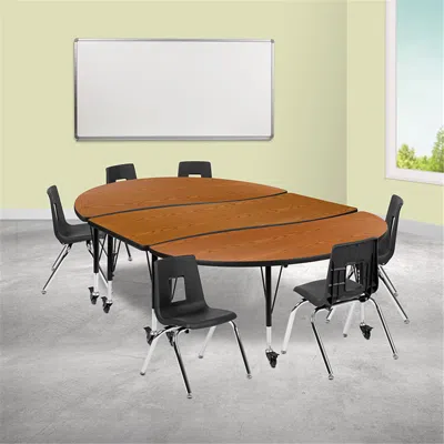 Flash Furniture 86 In. Mobile Oval Wave Flexible Laminate Activity Table Set With 14 In. Student Stack Chairs Oak & In Brown