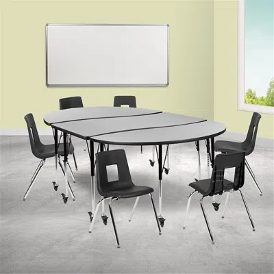 FLASH FURNITURE 86 IN. MOBILE OVAL WAVE FLEXIBLE LAMINATE ACTIVITY TABLE SET WITH 18 IN. STUDENT STACK CHAIRS GREY &
