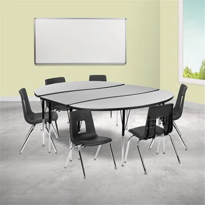 Flash Furniture 86 In. Oval Wave Flexible Laminate Activity Table Set With 16 In. Student Stack Chairs Grey & Black