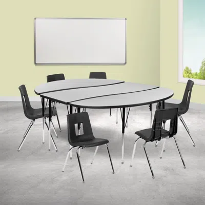Flash Furniture 86 In. Mobile Oval Wave Flexible Laminate Activity Table Set With 14 In. Student Stack Chairs Grey &