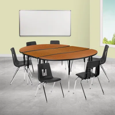 Flash Furniture 86 In. Mobile Oval Wave Flexible Laminate Activity Table Set With 18 In. Student Stack Chairs Oak &