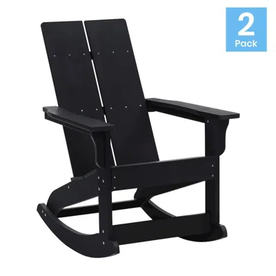 Flash Furniture All-weather 2-slat Poly Resin Rocking Adirondack Chair In Black - Set Of2
