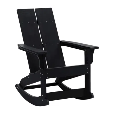 Flash Furniture All-weather 2-slat Poly Resin Wood Rocking Adirondack Chair In Black