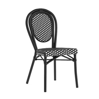 Flash Furniture Bistro Stacking Chair, Black And White Pe Rattan And Black Aluminum Frame