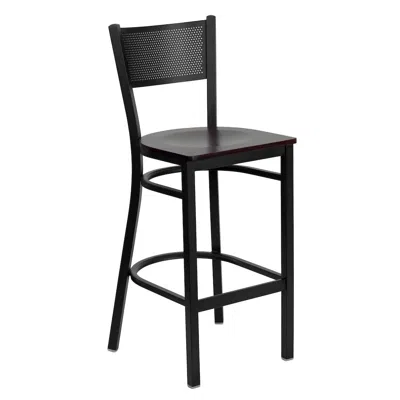 Flash Furniture Black Grid Back Metal Restaurant Barstool - Mahogany Wood Seat