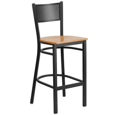 Flash Furniture Black Grid Back Metal Restaurant Barstool - Natural Wood Seat