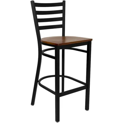 Flash Furniture Black Ladder Back Metal Restaurant Barstool - Cherry Wood Seat In Brown
