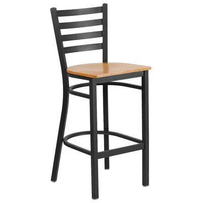 Flash Furniture Black Ladder Back Metal Restaurant Barstool - Natural Wood Seat