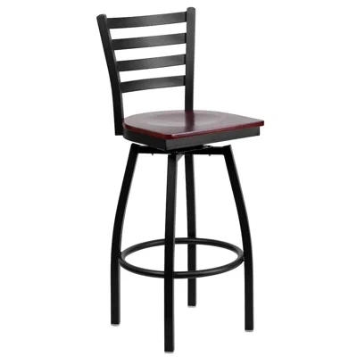 Flash Furniture Black Ladder Back Swivel Metal Barstool - Mahogany Wood Seat In Multi