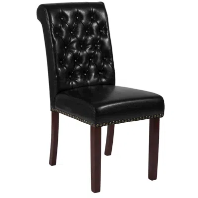 Flash Furniture Black Parsons Chair With Rolled Back, Accent Nail Trim And Walnut Finish