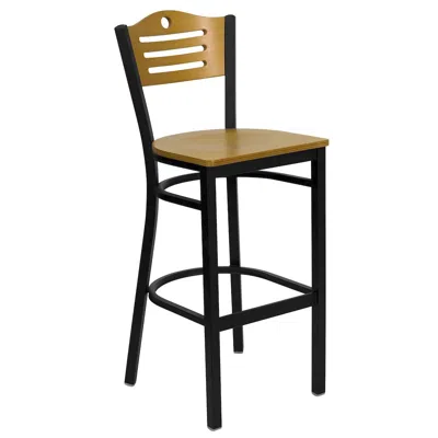 Flash Furniture Black Slat Back Metal Restaurant Barstool - Natural Wood Back & Seat In Multi