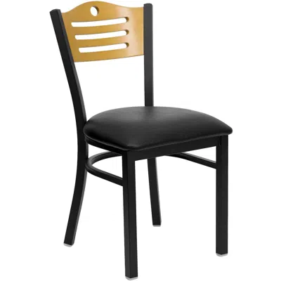 Flash Furniture Black Slat Back Metal Restaurant Chair - Natural Wood Back, Black Vinyl Seat