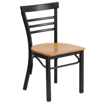 Flash Furniture Black Three-slat Ladder Back Metal Restaurant Chair - Natural Wood Seat
