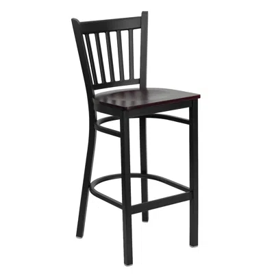 Flash Furniture Black Vertical Back Metal Restaurant Barstool - Mahogany Wood Seat