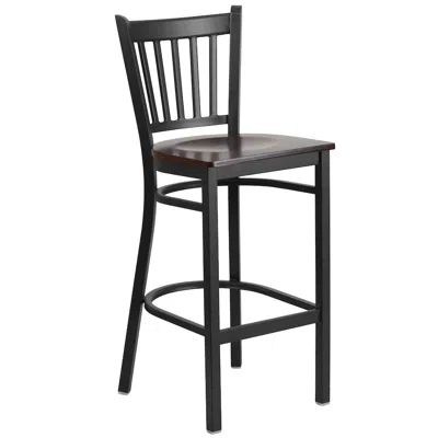 Flash Furniture Black Vertical Back Metal Restaurant Barstool - Walnut Wood Seat