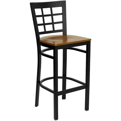 Flash Furniture Black Window Back Metal Restaurant Barstool - Cherry Wood Seat In Brown