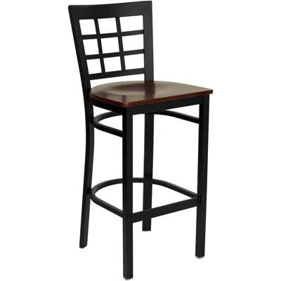 Flash Furniture Black Window Back Metal Restaurant Barstool - Mahogany Wood Seat In Brown