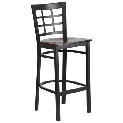 Flash Furniture Black Window Back Metal Restaurant Barstool - Walnut Wood Seat