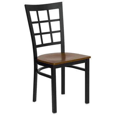 Flash Furniture Black Window Back Metal Restaurant Chair - Cherry Wood Seat In Brown