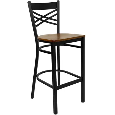 Flash Furniture Black ''x'' Back Metal Restaurant Barstool - Cherry Wood Seat In Multi