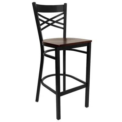 Flash Furniture Black ''x'' Back Metal Restaurant Barstool - Mahogany Wood Seat